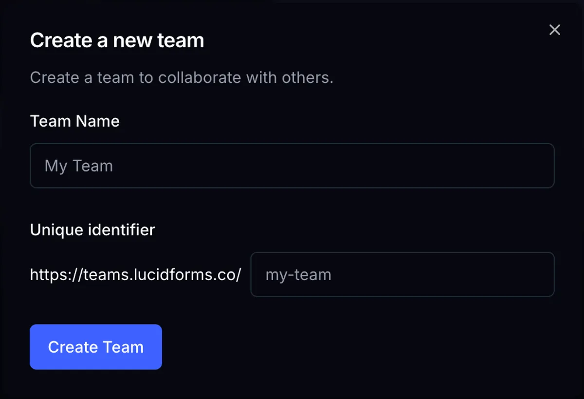 Create team Account modal